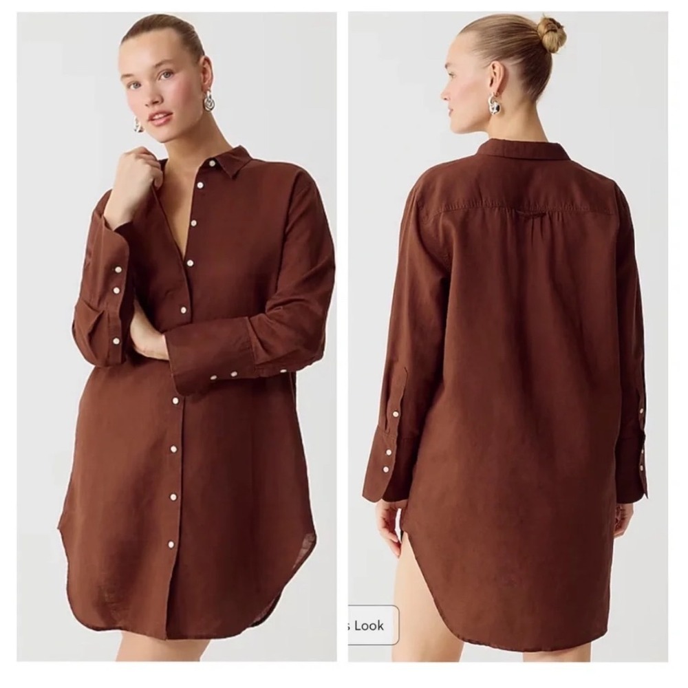 J.Crew Brown Linen Cotton Blend Button Down Shirt Dress BX614 XL